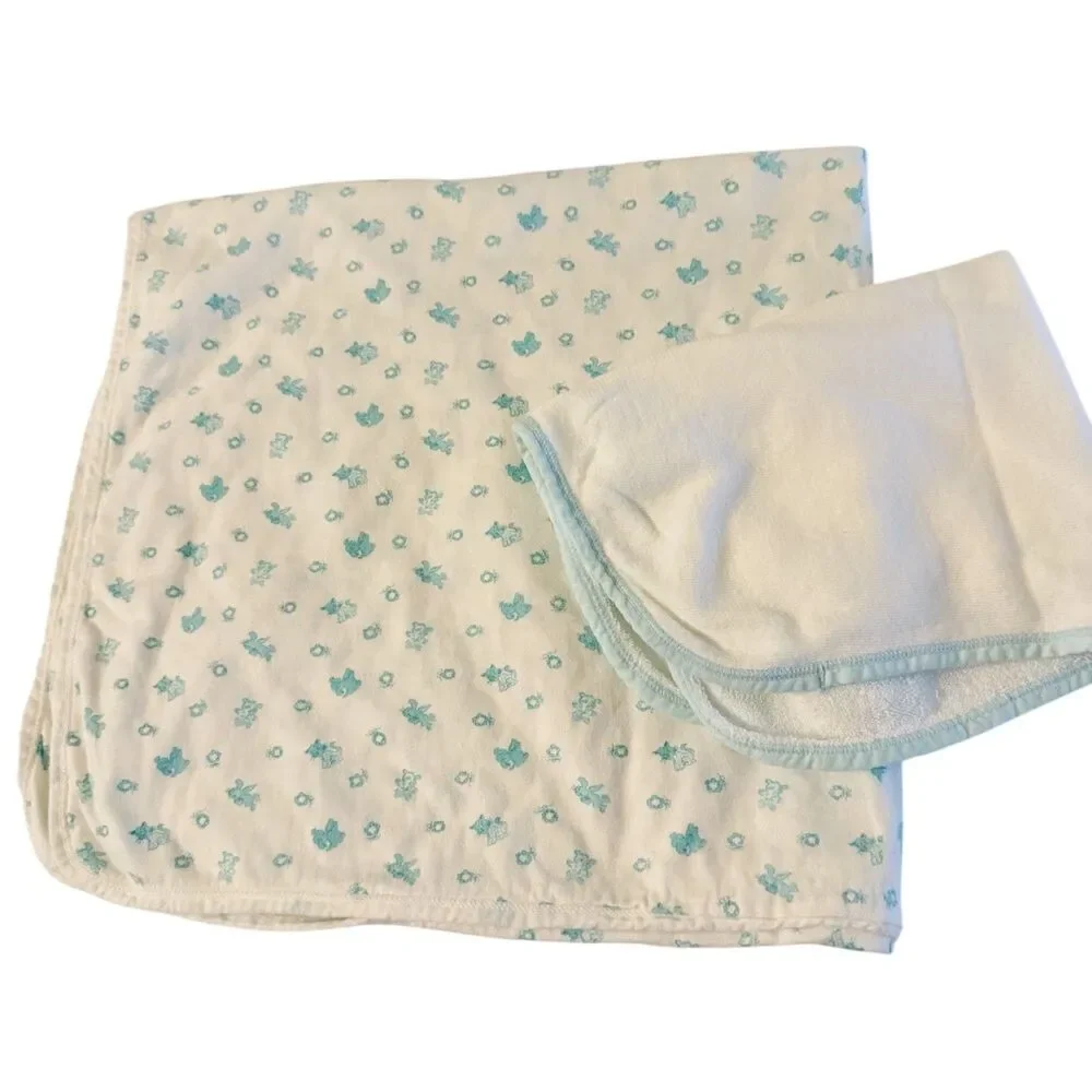 Carters Vtg Baby Blanket Cotton 2 Ply Cats Dogs Bunnies + Terry Burp Cloth Lovey